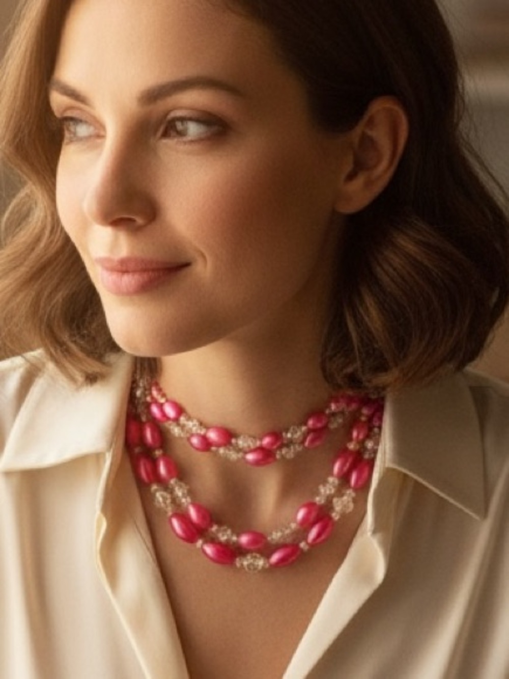 VINTAGE Fuchsia Pink Double-Strand Beaded Choker Necklace with Glass Crystals - Picture 7 of 7